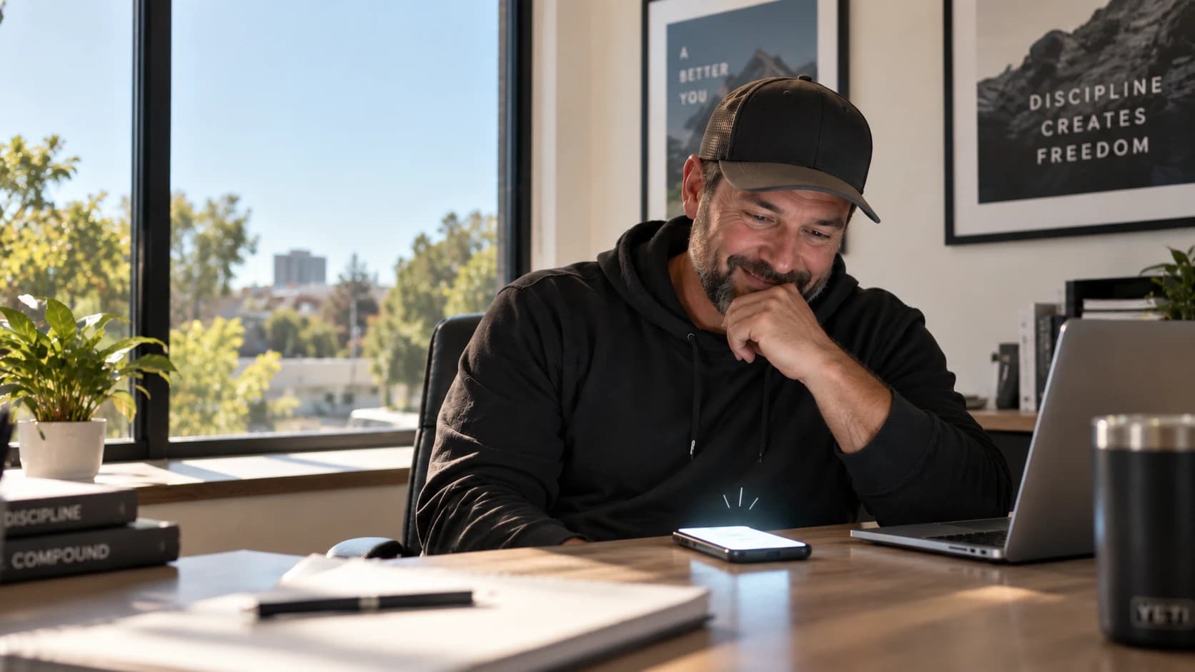 An owner at his desk, smiling at his phone as a booking comes in